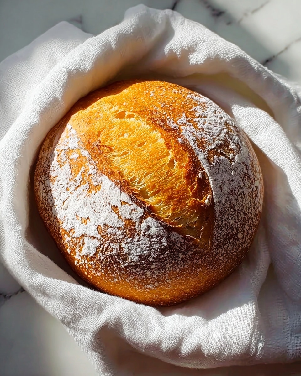 A round loaf of bread with a golden brown crust lightly dusted with white flour sits in the center of a white cloth, which is softly wrapped around it. The bread has a deep cut on top revealing a slightly rough and airy interior with a warm yellowish tint. The white cloth underneath has visible texture and folds, resting on a white marbled surface with soft natural light casting gentle shadows. Photo taken with an iphone --ar 4:5 --v 7