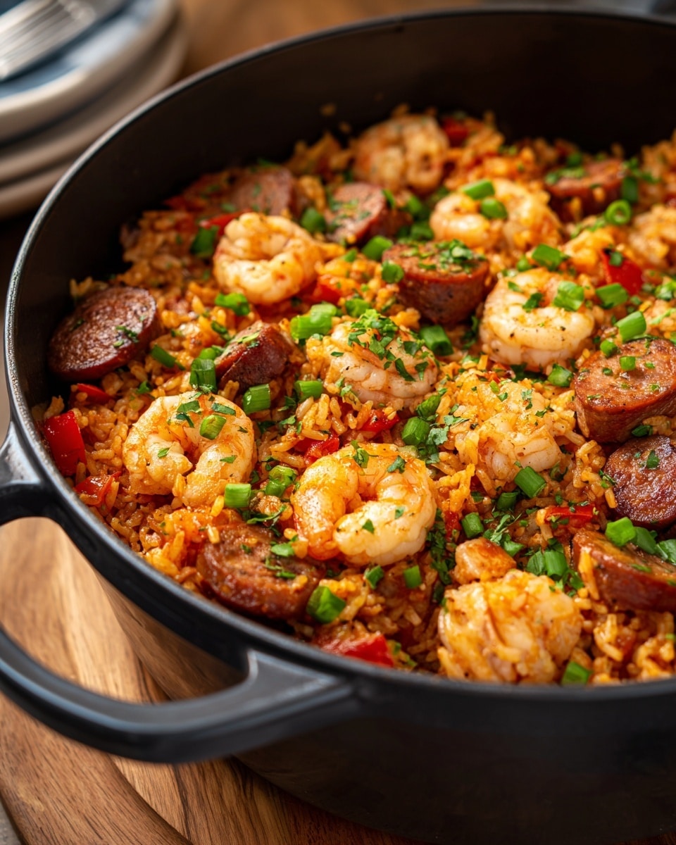A large black pot filled with a rich, orange-colored rice dish that includes browned sausage slices and plump, pink shrimp scattered evenly on top. The rice is mixed with small pieces of red bell pepper and herbs. Fresh green chopped scallions are sprinkled over the dish, adding a pop of color. The pot sits on a wooden surface with a blurred background. photo taken with an iphone --ar 4:5 --v 7