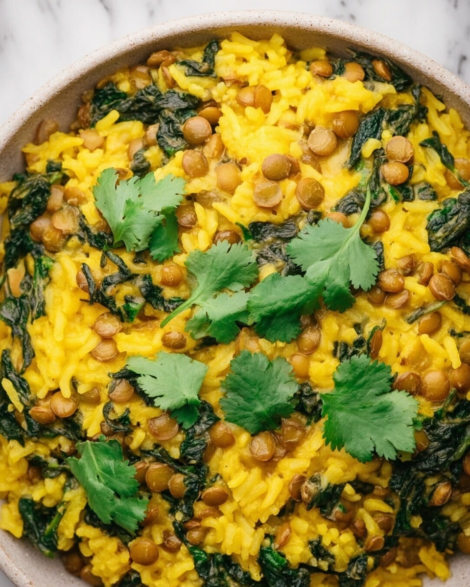 A close-up view of a yellow rice dish mixed with small round lentils and dark green leafy vegetables scattered throughout. The rice appears soft with a slightly creamy texture, and the lentils add a round, smooth contrast. Fresh bright green cilantro leaves are placed on top as garnish, providing a fresh and vibrant touch. All of this is set against a white marbled background. photo taken with an iphone --ar 4:5 --v 7