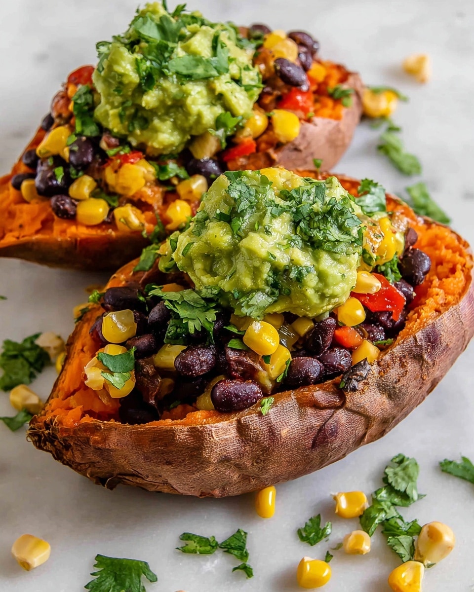 The image shows two halved sweet potatoes with orange flesh and brownish-purple skin, placed on a white marbled surface. Each sweet potato half is filled with a colorful mix of black beans, bright yellow corn, and small pieces of red bell pepper, forming the first thick layer. On top of this is a generous scoop of chunky, green guacamole sprinkled with chopped fresh cilantro, adding a fresh green touch. Some loose corn kernels and cilantro leaves are scattered around the sweet potatoes on the white marbled surface. photo taken with an iphone --ar 4:5 --v 7