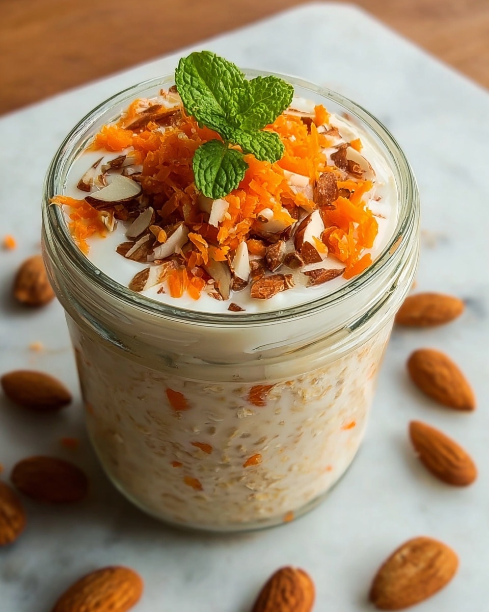 A glass jar filled with three main layers of a creamy dish. The bottom layer is a light beige oatmeal mixed with small bits of orange carrot visible throughout. The middle layer is a thick, smooth, white cream that covers the oatmeal. The top layer has scattered chopped brown almonds and finely grated bright orange carrot piled in the center, topped with a fresh green mint leaf. The jar is placed on a white marbled surface with whole almonds nearby. Photo taken with an iphone --ar 4:5 --v 7