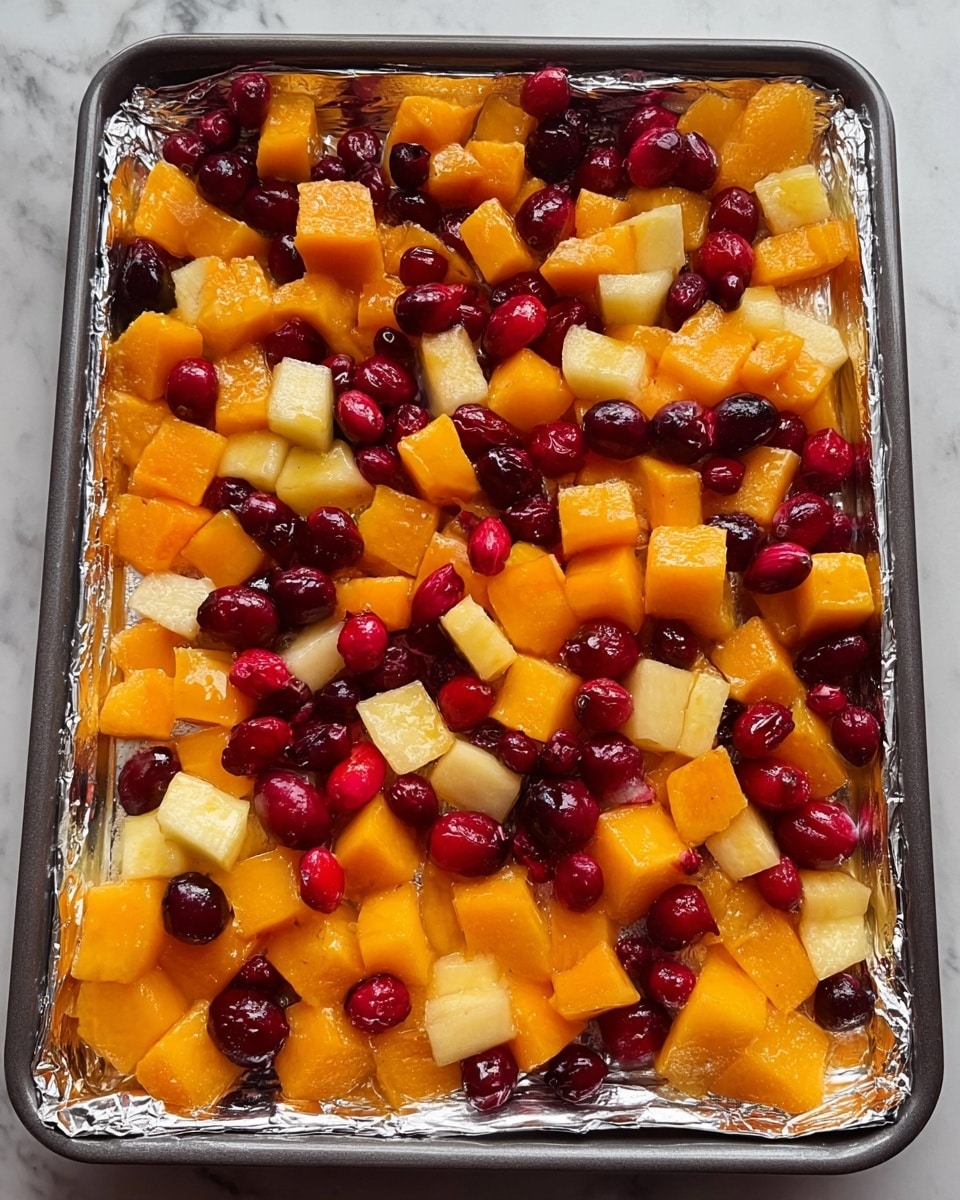 The image shows a baking tray lined with foil, filled with a colorful mix of diced fruits. The fruits are arranged in a single layer, with bright orange chunks of butternut squash or pumpkin, scattered deep red cranberries, and pale yellow pieces of apple or pear. The fruits are evenly spread across the tray, their textures ranging from smooth and glossy to slightly soft and wet. The tray sits on a white marbled surface, creating a clean and bright background. photo taken with an iphone --ar 4:5 --v 7