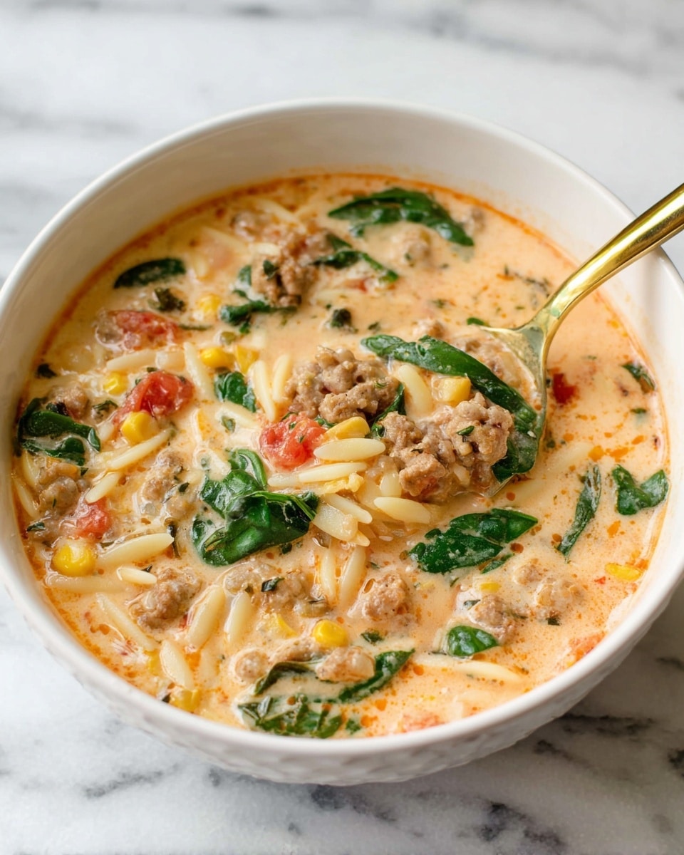 The image shows a white bowl filled with creamy soup that has a light orange color. The soup has multiple layers including small pieces of browned sausage, chunks of light beige orzo pasta, bright green spinach leaves, and small bits of orange tomato and yellow corn. A shiny gold spoon rests in the bowl, partially lifting some of the soup that contains sausage, orzo, and spinach. The bowl sits on a white marbled surface. Photo taken with an iphone --ar 4:5 --v 7