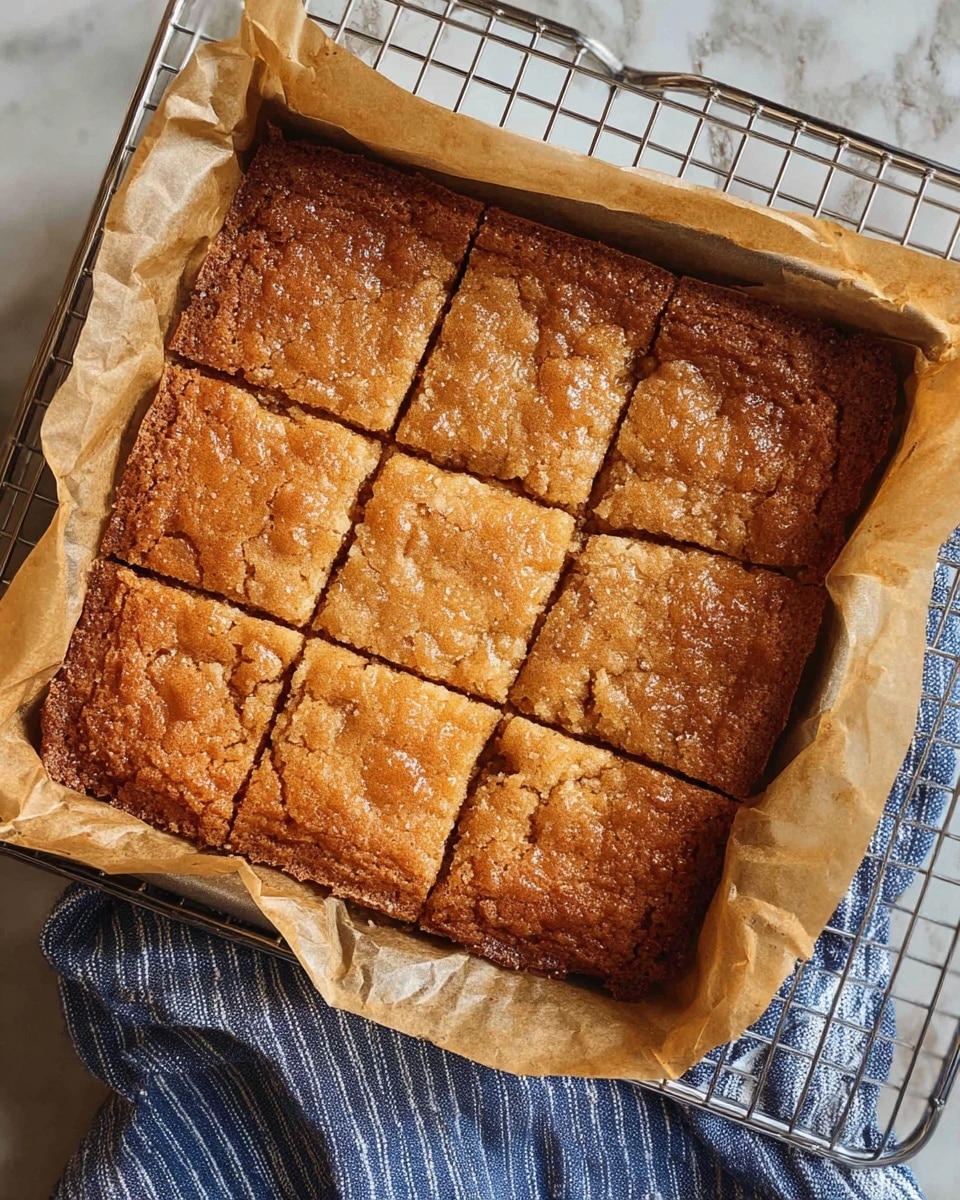 A square, baked dessert is shown in a glass pan lined with parchment paper, cut into nine smaller squares. Its surface is golden brown with a cracked texture and some shiny spots. The edges look slightly darker and crispier compared to the softer center. The pan rests on a metal cooling rack over a white marbled surface, next to a white plate with a fork. A blue and white striped cloth is placed nearby. photo taken with an iphone --ar 4:5 --v 7
