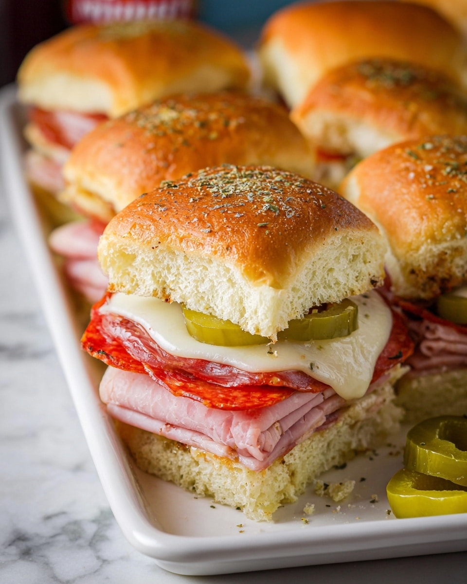 A close-up of a square sandwich slider with three main layers on a soft, shiny golden-brown bun sprinkled with dried herbs; the bottom layer is light pink ham, topped with a red layer of pepperoni slices, followed by a white melted cheese layer, a slice of bright red tomato, and pale yellow pepperoncini slices before being covered by the top bun. Several similar sliders fill a white dish beneath on a white marbled surface, with a few light green pepper rings scattered around. Photo taken with an iphone --ar 4:5 --v 7