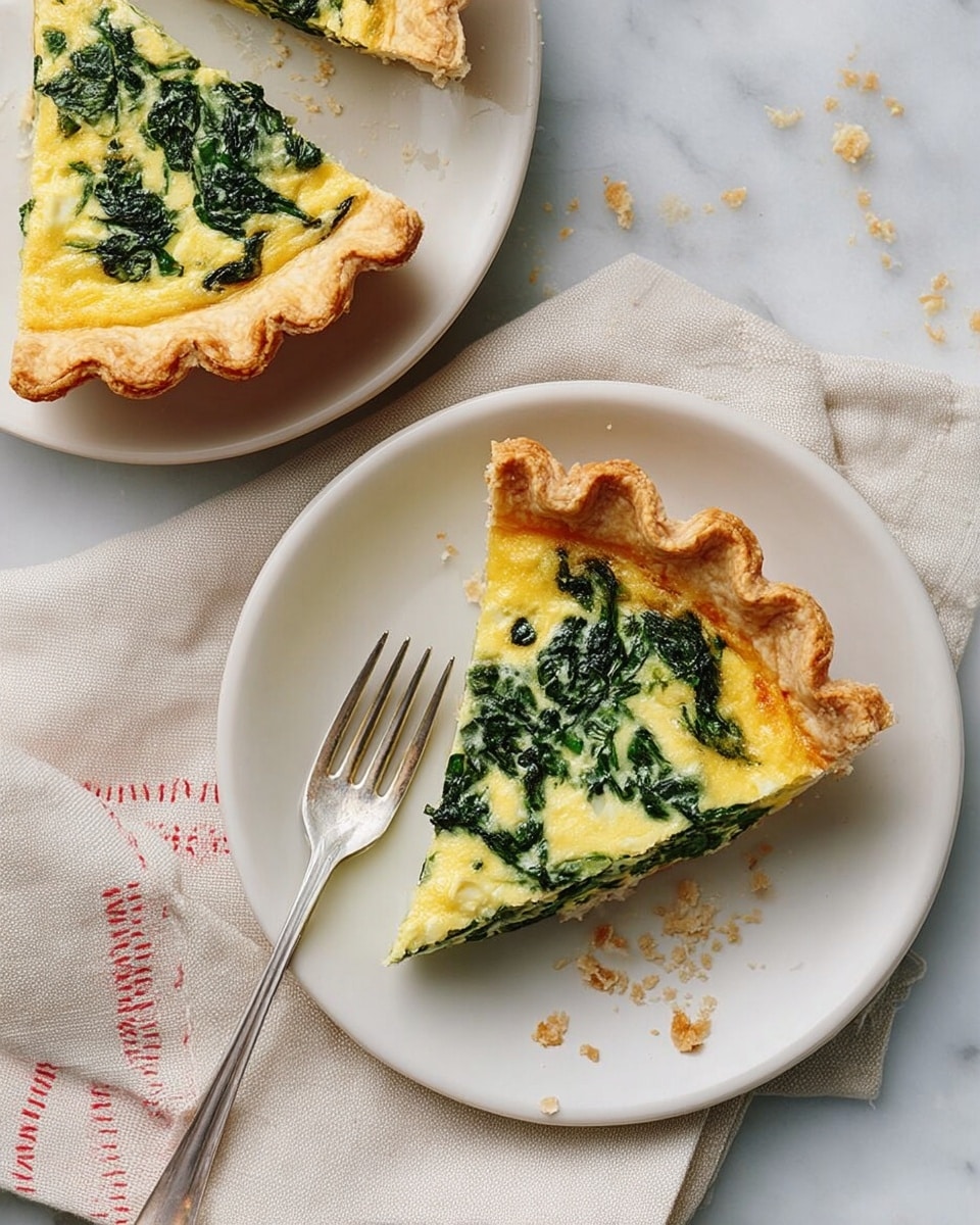 The image shows two slices of spinach quiche placed on white plates. Each slice has three layers: a flaky light brown crust at the base and edges with a crimped pattern, a creamy yellow egg filling in the middle with a smooth texture, and bright dark green spinach pieces scattered evenly on top. The plates are set on a white marbled surface with a few crumbs around. One plate includes a silver fork resting next to the slice, and the other has a woman's hand holding a fork placed near the quiche slice. A light beige cloth with red stitching accents the scene. Photo taken with an iphone --ar 4:5 --v 7