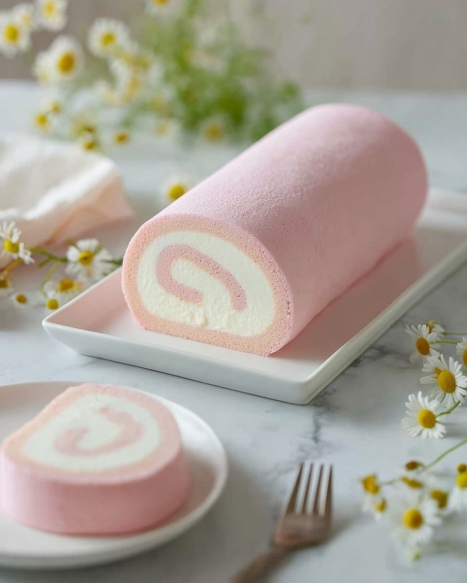 A light pink rolled cake with a smooth outer layer is placed in the center of a white rectangular dish, showing one spiral layer of soft white cream inside. The cake is set on a white marbled surface, with small white chamomile flowers around the dish, creating a fresh, simple look. In the foreground, a round slice of the cake rests on a white plate, with a silver fork beside it. The overall image has soft, natural light and a clean, bright setting. photo taken with an iphone --ar 4:5 --v 7