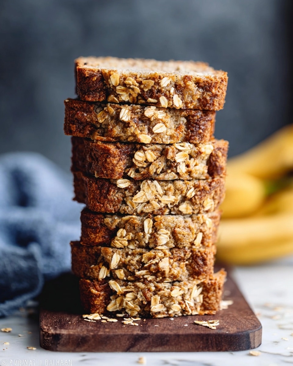 A tall stack of seven slices of oat-topped banana bread stands on a dark wooden board on a white marbled surface, with a blurred blue cloth and bananas in the background. Each slice shows a light brown inside with a crumbly texture, topped with golden oats that add roughness and texture. The stack leans slightly, showing the uneven oat layers on top, and the bread’s brown crust contrasts with the lighter inside. The scene is softly lit to highlight the rough oats and moist bread texture. Photo taken with an iphone --ar 4:5 --v 7