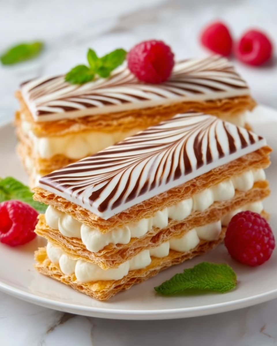 A square dessert made of three golden-brown crispy layers of puff pastry with two layers of creamy white filling in between. The top layer is covered with a smooth white icing decorated with thin, even dark chocolate zigzag stripes creating a feathered pattern. The dessert sits on a simple white plate placed on a white marbled surface. photo taken with an iphone --ar 4:5 --v 7