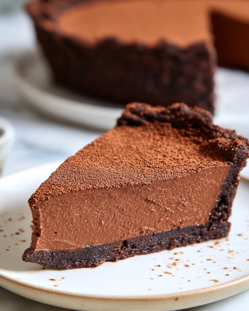 A rich chocolate tart is shown with one slice removed, revealing three layers: a thick, dark brown, crumbly crust at the bottom and sides, a smooth and dense chocolate filling with a slightly glossy texture in the middle, and a dusting of fine cocoa powder covering the top. The tart sits on a simple white plate, with a white marbled surface underneath. The slice cut out is placed near the tart, showing the clean edges of the filling and crust. photo taken with an iphone --ar 4:5 --v 7