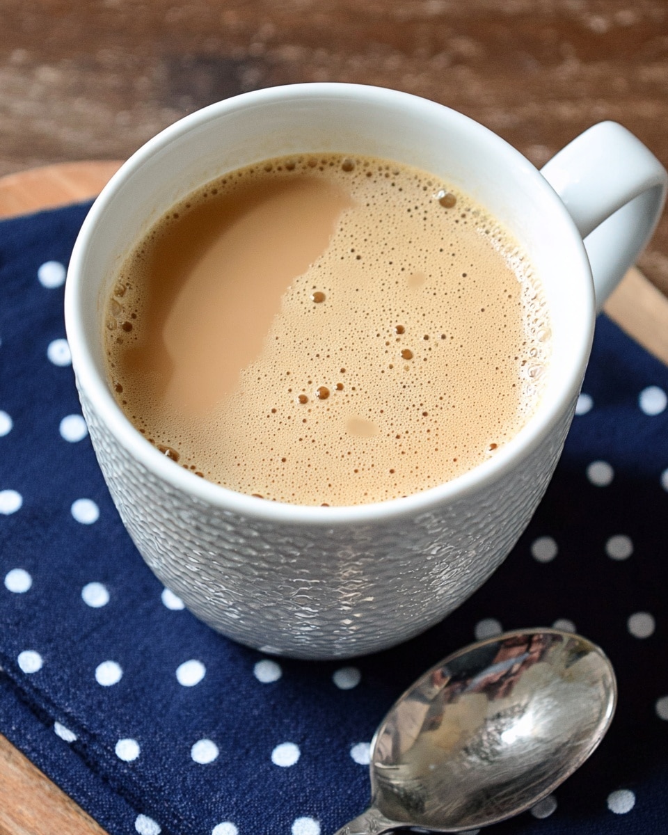 A close-up view of a cup filled with light brown coffee with milk, showing a smooth surface with tiny bubbles around the edge. The cup is white with a textured pattern on the outside and sits on a navy blue napkin with white polka dots. Next to the cup is a shiny silver spoon resting on a wooden surface that is replaced by a white marbled texture in the scene. Photo taken with an iphone --ar 4:5 --v 7