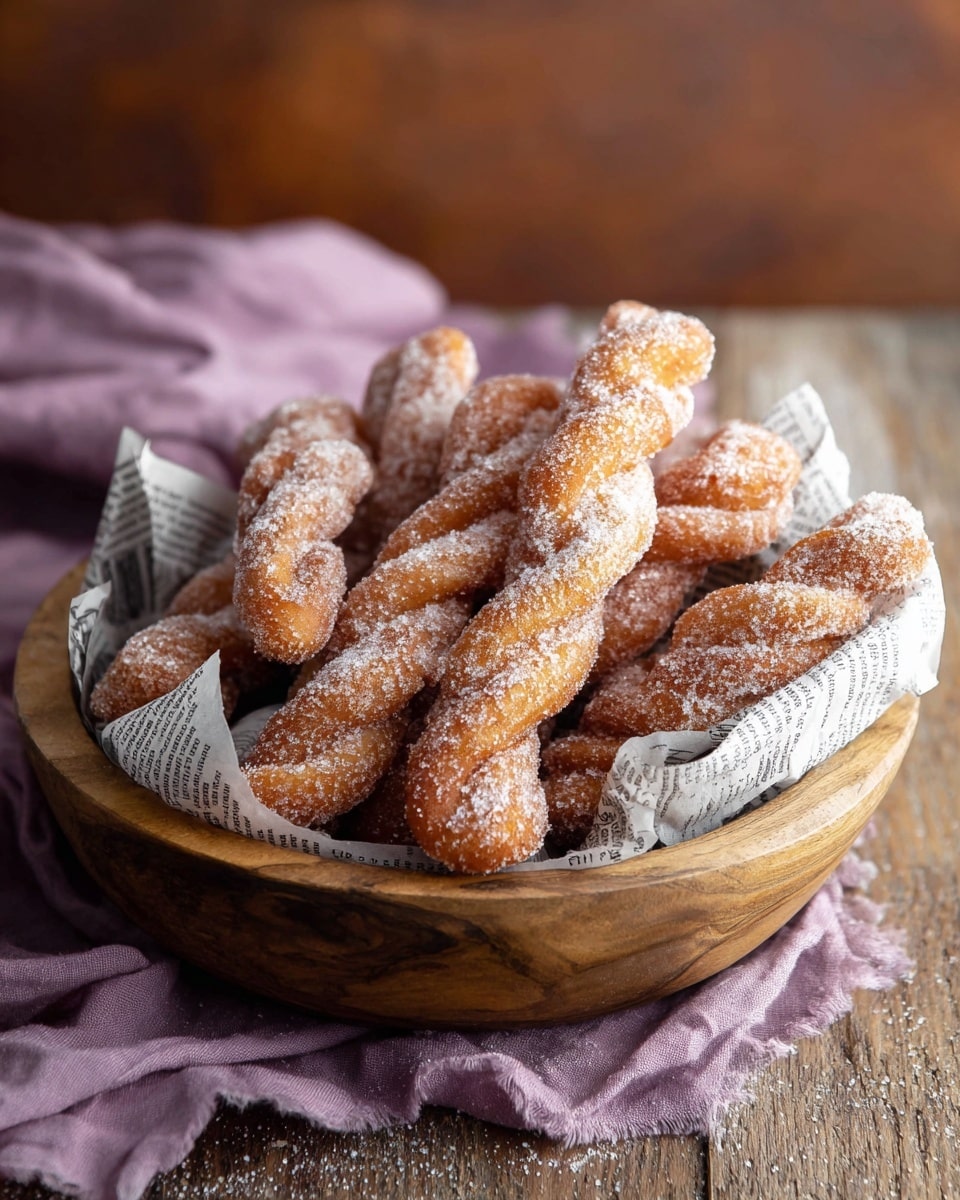 A wooden bowl lined with black and white newspaper print paper holds several twisted sugar-coated doughnuts. Each doughnut is golden-brown with a rough texture from the sugar granules all over its surface. The doughnuts are stacked loosely, filling the bowl fully, and the background shows a rustic wooden surface. photo taken with an iphone --ar 4:5 --v 7