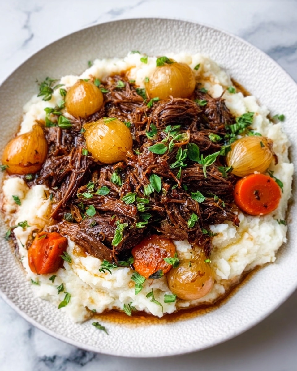 The image shows a white plate filled with a steaming dish of shredded beef placed on top of creamy mashed potatoes. The beef is dark brown and looks tender, spread evenly across the mashed potatoes that are light and smooth with a soft texture. Scattered around the beef are whole baby onions and orange carrot slices, both appearing glossy and cooked until tender. Fresh green herbs are sprinkled on top as a garnish, adding a pop of color to the warm, hearty meal. The plate sits on a white marbled surface. Photo taken with an iphone --ar 4:5 --v 7