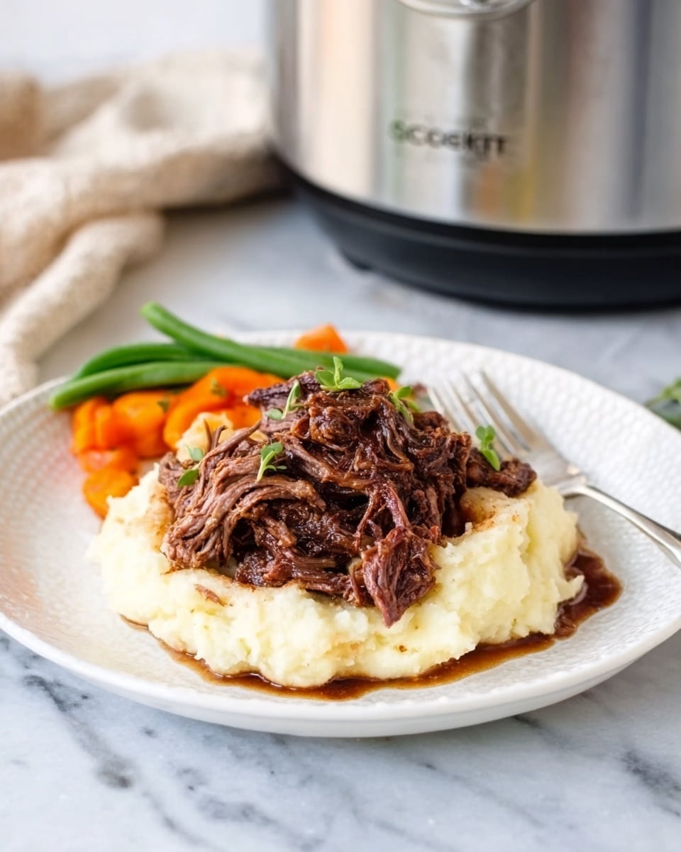 This image shows a white plate on a white marbled surface. On the plate, there is a large base layer of creamy mashed potatoes with a smooth texture and a light off-white color. On top of the mashed potatoes, there is a thick layer of shredded, dark brown beef mixed with some sauce, giving it a slightly glossy look. On the side of the plate, there is a small portion of cooked mixed vegetables, including orange carrots and green beans, adding bright colors to the dish. In the background, a silver slow cooker is slightly visible, and a woman’s hand is holding a fork near the plate. photo taken with an iphone --ar 4:5 --v 7