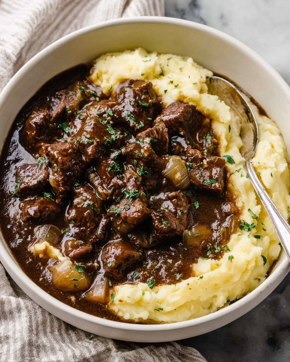 A bowl filled with creamy mashed potatoes as the bottom layer, smooth and pale yellow in color, topped generously with a rich dark brown beef stew with chunks of tender meat and small pieces of cooked onions, all covered in a glossy, thick gravy. The beef stew is sprinkled with finely chopped green herbs for a fresh contrast. The bowl is white, and a silver spoon rests inside it on the right side. The dish is placed on a white marbled surface with a soft striped cloth nearby. photo taken with an iphone --ar 4:5 --v 7