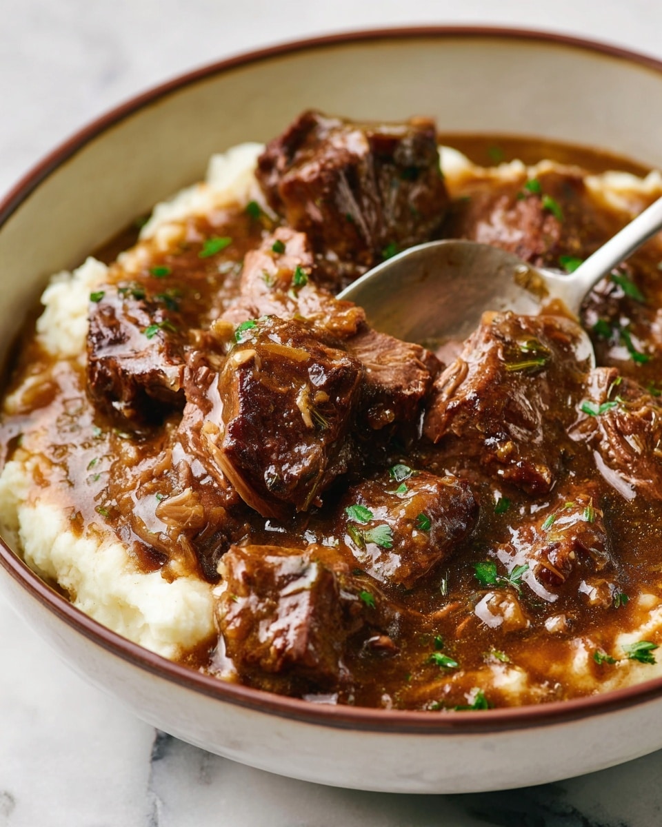 The dish is served in a white bowl with a brown rim, placed on a white marbled surface. It shows a thick stew with several chunks of tender beef, deep brown in color with some glossy texture, covered with a brown sauce that looks rich and hearty. The stew has small bits of green herbs sprinkled on top, adding a fresh contrast. Beneath the stew layer, there is a soft-looking base of mashed potatoes, creamy white with a smooth texture. A spoon rests inside the bowl, touching the beef and sauce. Photo taken with an iphone --ar 4:5 --v 7
