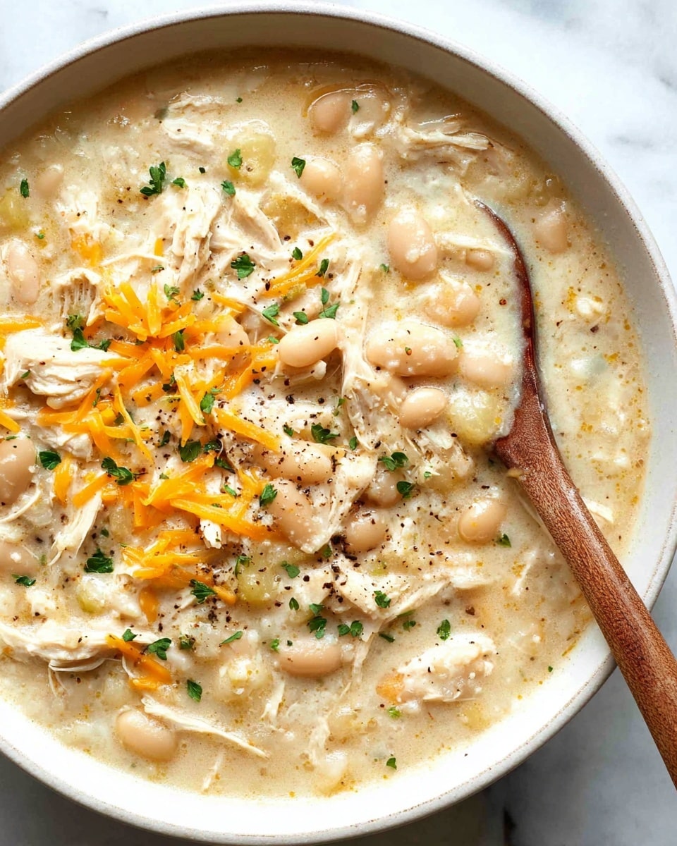 A close-up top view of a white bowl filled with creamy white chicken soup, showing tender shredded chicken pieces mixed with white beans creating a thick and rich texture. The soup is topped with scattered orange shredded cheese and small chopped green herbs that add color contrast. Freshly ground black pepper is sprinkled on top, adding a speckled detail. A wooden spoon rests in the soup on the right side, partially submerged, with visible soup coating its tip. All elements sit on a white marbled surface photo taken with an iphone --ar 4:5 --v 7