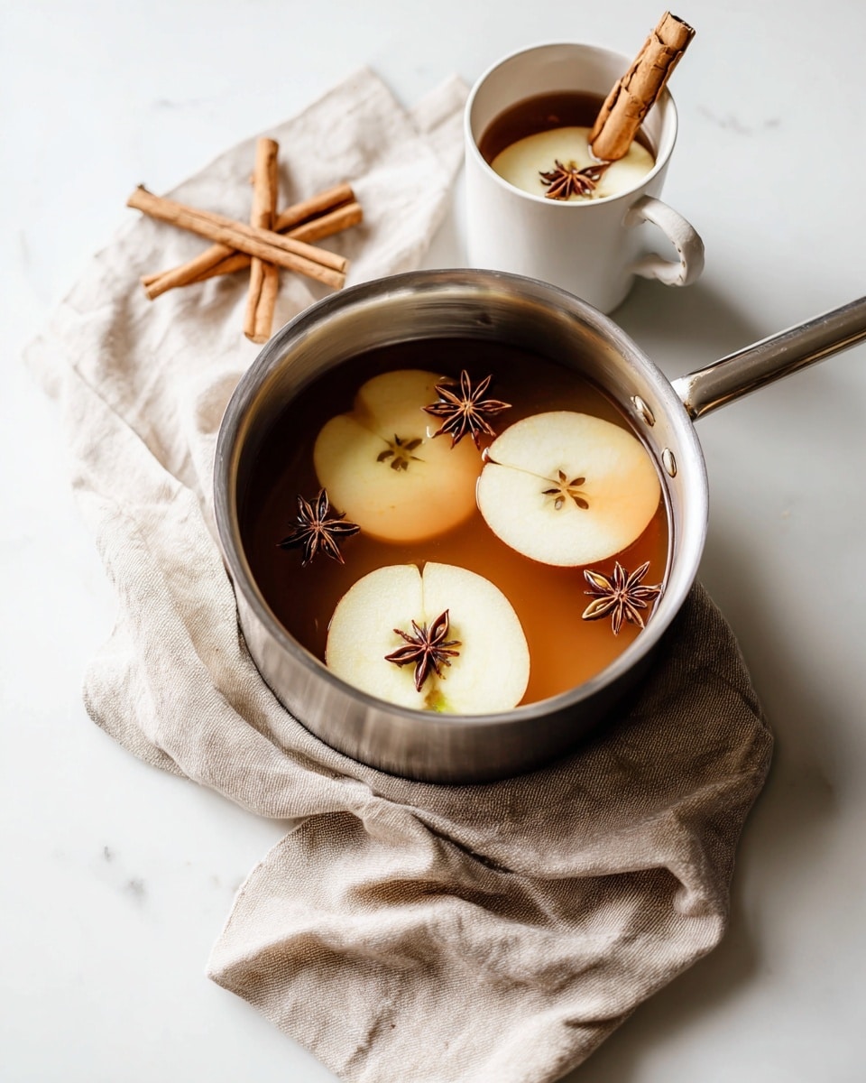 A white saucepan filled with a light brown liquid, topped with three round, thin slices of pale yellow apple with visible star-shaped cores. Around the apple slices, several dark brown star anise pieces float, adding texture and contrast. The saucepan rests on a soft beige cloth over a white marbled surface, and a woman's hand holds the saucepan handle. The lighting is soft, highlighting the warm tones of the drink and the spices. Photo taken with an iphone --ar 4:5 --v 7