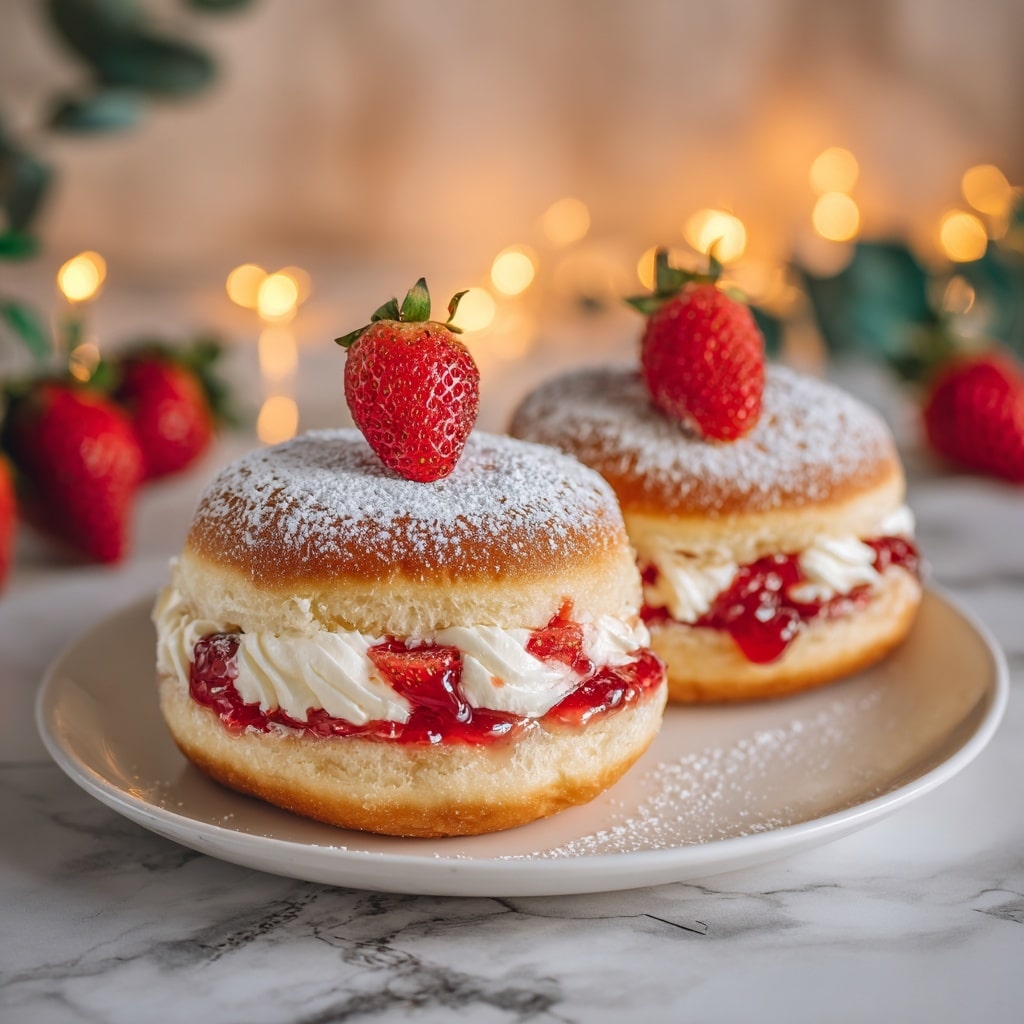 The image shows four round doughnuts on a black round board atop a white marbled surface, each donut lightly dusted with powdered sugar. Each doughnut has a shiny red strawberry placed on top in the center, surrounded by a ring of red strawberry glaze. One doughnut in the foreground has a bite taken out of it, revealing a creamy white filling with small strawberry pieces inside. Around the board and on the marble surface are several fresh strawberries and green leaves, adding a fresh touch. The soft light highlights the golden brown texture of the doughnuts and the glossy red strawberries. Photo taken with an iphone --ar 4:5 --v 7