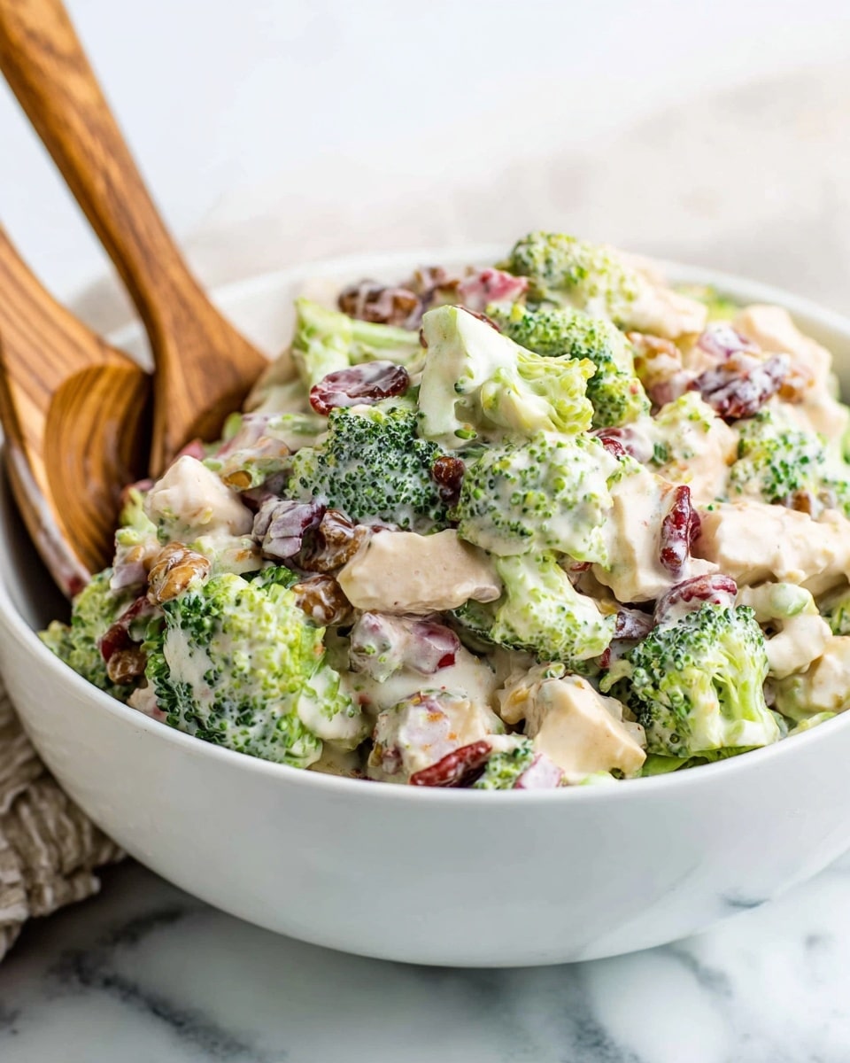 A white bowl filled with a creamy salad that has several layers of ingredients mixed together. The salad shows small, bright green broccoli florets, light beige chunks that look like chicken, bits of red from chopped onions or peppers, and some darker pieces that appear to be nuts or dried fruit. The texture looks creamy and thick, holding all the pieces together. Two wooden salad spoons are partially dipped into the bowl, positioned on opposite sides, and resting on the white marbled surface underneath. The background is soft and blurred, emphasizing the fresh, vibrant look of the salad. photo taken with an iphone --ar 4:5 --v 7