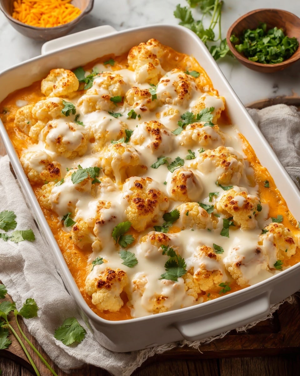A white baking dish filled with a creamy cauliflower casserole is shown, with two visible layers: the first layer is a smooth, melted orange cheese base, and on top are evenly spread roasted cauliflower pieces covered with pockets of melted white cheese sauce. Small green cilantro leaves are scattered brightly over the dish, adding fresh color. The dish sits on a light cloth on a wooden surface with some cilantro sprigs nearby and a small bowl of grated orange cheese in the background, all set against a white marbled texture. Photo taken with an iphone --ar 4:5 --v 7