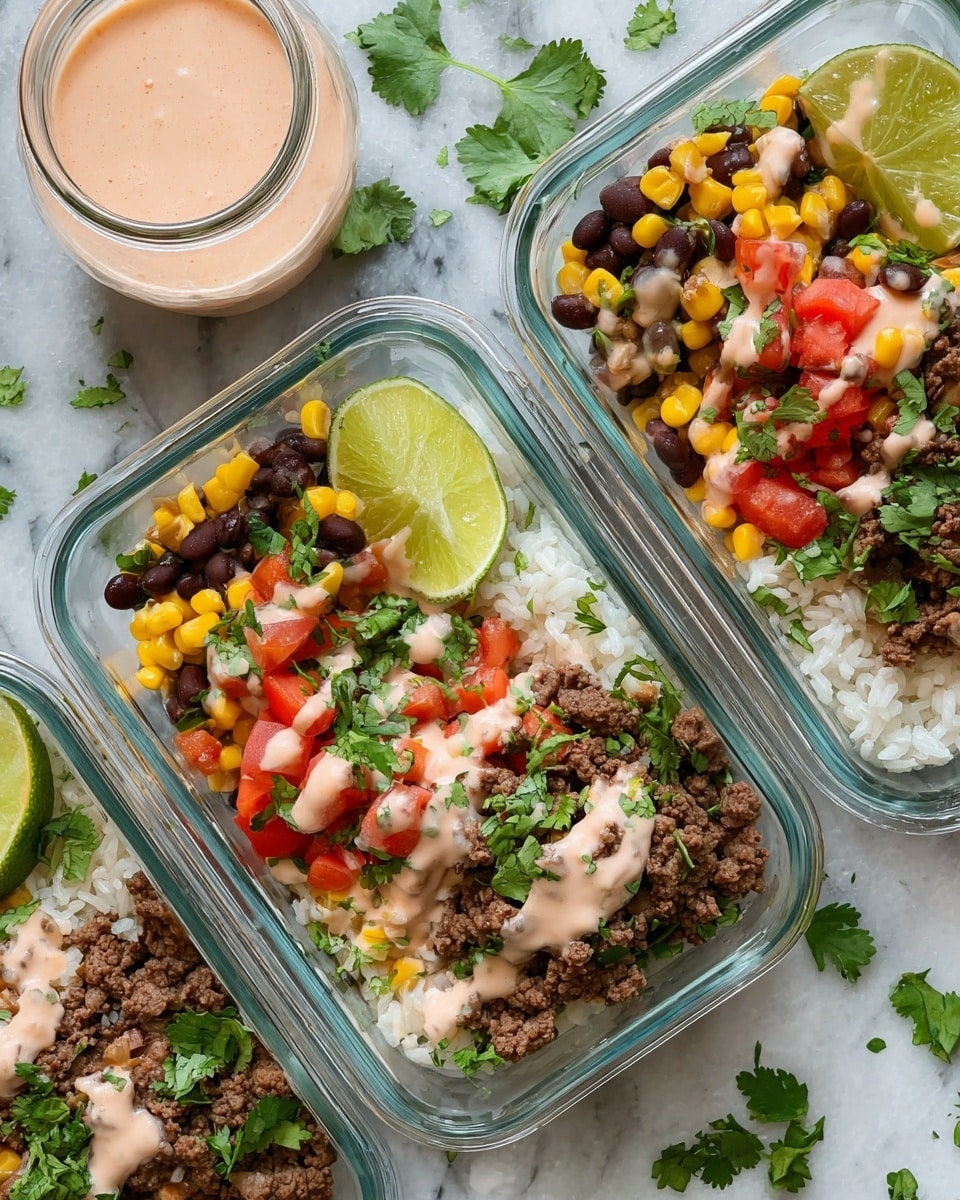 Three clear square glass containers show a layered burrito bowl, each with a white rice base topped by dark brown ground beef on one side. Next to the beef, there are bright yellow corn kernels and black beans with bits of finely chopped onions. Fresh green cilantro is scattered over the top, along with small red tomato pieces and a thick light pink sauce drizzled across. Each container has a lime wedge placed inside. In the lower left corner, a clear jar contains the same pink sauce. The containers rest on a white marbled surface sprinkled with cilantro leaves. Photo taken with an iphone --ar 4:5 --v 7