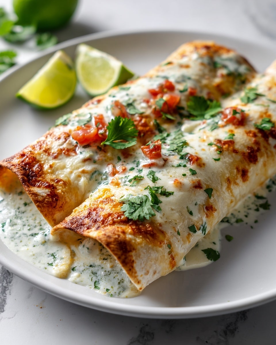 Two rolled enchiladas with a light golden-brown toasted tortilla layer are placed side by side on a white plate. They are covered with a shiny, creamy white sauce speckled with green herbs, and small pieces of chunky red tomato are scattered on top. Bright green cilantro leaves garnish the enchiladas and rest around them on the plate, with a few creamy sauce drips pooling slightly underneath. In the background, two lime wedges sit on a white marbled surface, adding a fresh green contrast to the scene. photo taken with an iphone --ar 4:5 --v 7