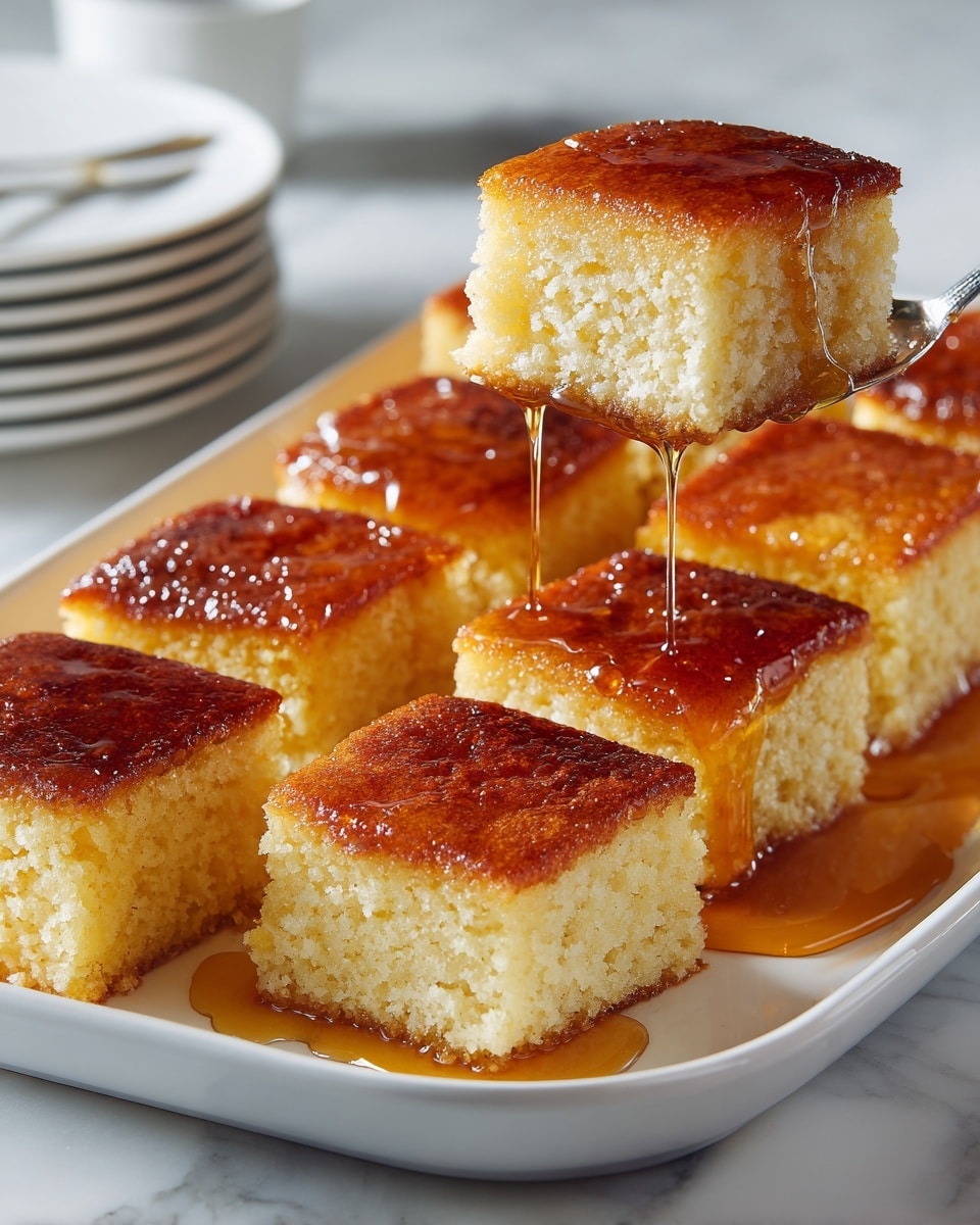 A white tray holds twelve square pieces of soft, light yellow cake with a golden-brown top layer that looks slightly caramelized and shiny. One piece is lifted on a silver spoon, showing the airy and fluffy texture inside, while a thick amber syrup drips down the sides of the cake and pools at the bottom of the tray. The cake pieces are positioned close to each other in neat rows, and the tray sits on a white marbled surface, with stacked white plates blurred in the background. photo taken with an iphone --ar 4:5 --v 7