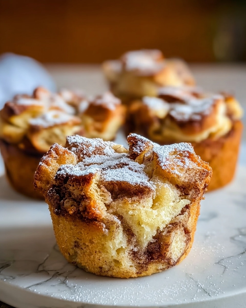 Three bread pudding cupcakes sit on a white plate with a white marbled texture beneath it. Each cupcake has a golden brown crust with soft, unevenly shaped bread pieces forming the top layer, dusted lightly with fine white powdered sugar, giving a snowy effect. The inside layers are moist and pale yellow with swirls of darker brown cinnamon, showing a contrast of texture and color. The background is softly blurred with warm tones, focusing attention on the detailed texture of the bread puddings. photo taken with an iphone --ar 4:5 --v 7
