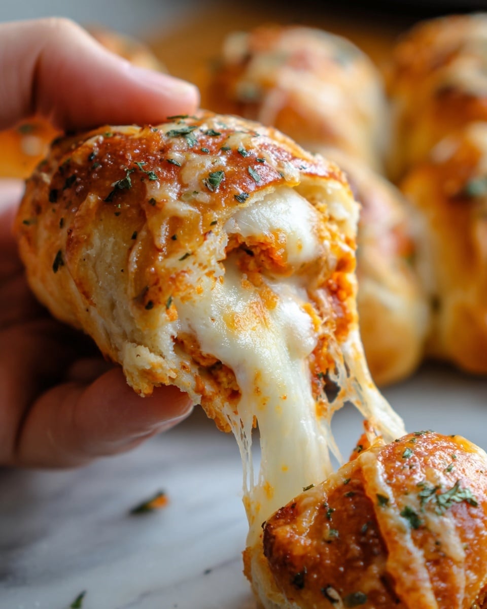 A close-up view shows two pepperoni pizza rolls held by a woman's hand, each with a golden-brown, slightly crispy outer dough layer sprinkled with green herbs. Inside, there are visible layers of melted white cheese stretched thin between layers, a rich red tomato sauce, small pepperoni slices, and bits of browned sausage, creating a mix of red, white, and brown colors. The cheese appears gooey and stretchy, with the sauce and meat layered beneath a soft but baked dough exterior. The background is a white marbled texture with more pizza rolls blurred in the distance. photo taken with an iphone --ar 4:5 --v 7
