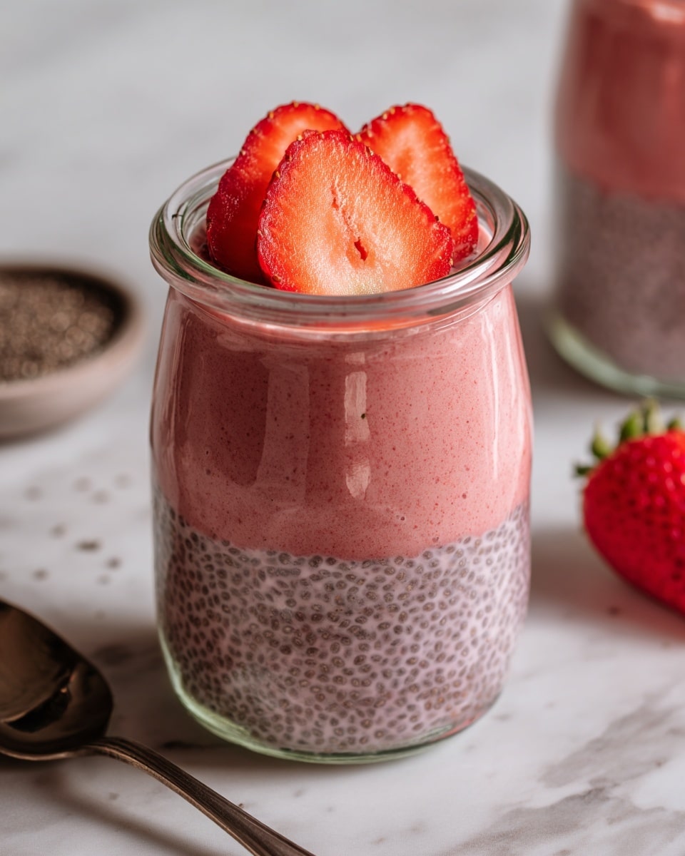 A clear glass cup filled with a light pink chia pudding that has visible small chia seeds spread evenly throughout. On top, there is a layer of white coconut milk with sliced fresh strawberries placed over it, showing bright red and juicy textures with their seeds visible. The glass is set on a white marbled surface, and the focus is close up, capturing the smooth pudding and fresh fruit details clearly. Photo taken with an iphone --ar 4:5 --v 7