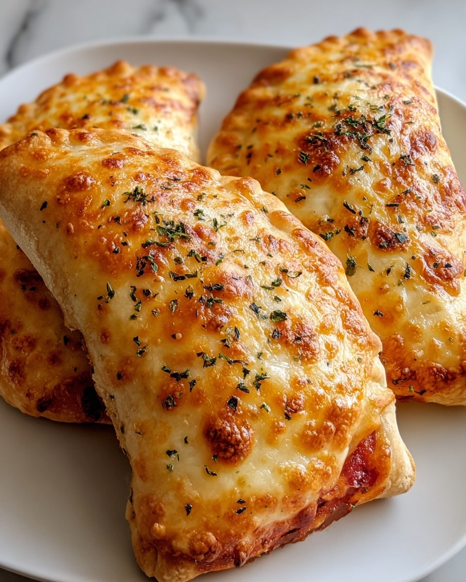 Three golden-brown calzones rest closely together on a square white plate. Each calzone displays a top layer of melted cheese that is bubbly and slightly crispy, with an even mix of yellow and light orange shades and sprinkled with small green and black dried herbs. The edges of the calzones are soft and slightly puffed, showing a light beige dough texture with hints of red tomato sauce and melted cheese peeking out at the ends. The surface beneath the plate is a white marbled texture. photo taken with an iphone --ar 4:5 --v 7