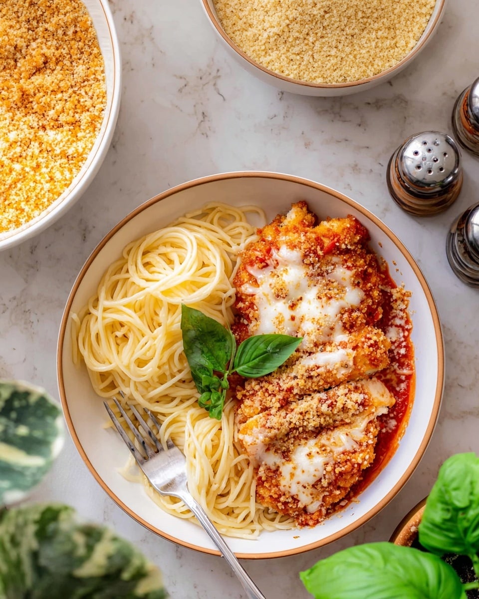 A white bowl with a tan rim holds a serving of spaghetti and chicken parmesan. On the left side, the pale yellow spaghetti noodles are twirled neatly, with a silver fork resting among them. On the right, golden-brown breaded chicken is covered in melted white cheese and red tomato sauce, sprinkled with grated cheese and toasted crumbs. A bright green basil leaf decorates the top. The bowl sits on a white marbled surface surrounded by a white dish of golden toasted crumbs, another white bowl of plain spaghetti, and salt and pepper shakers. Part of a leafy green plant is visible on the right edge. Photo taken with an iphone --ar 4:5 --v 7
