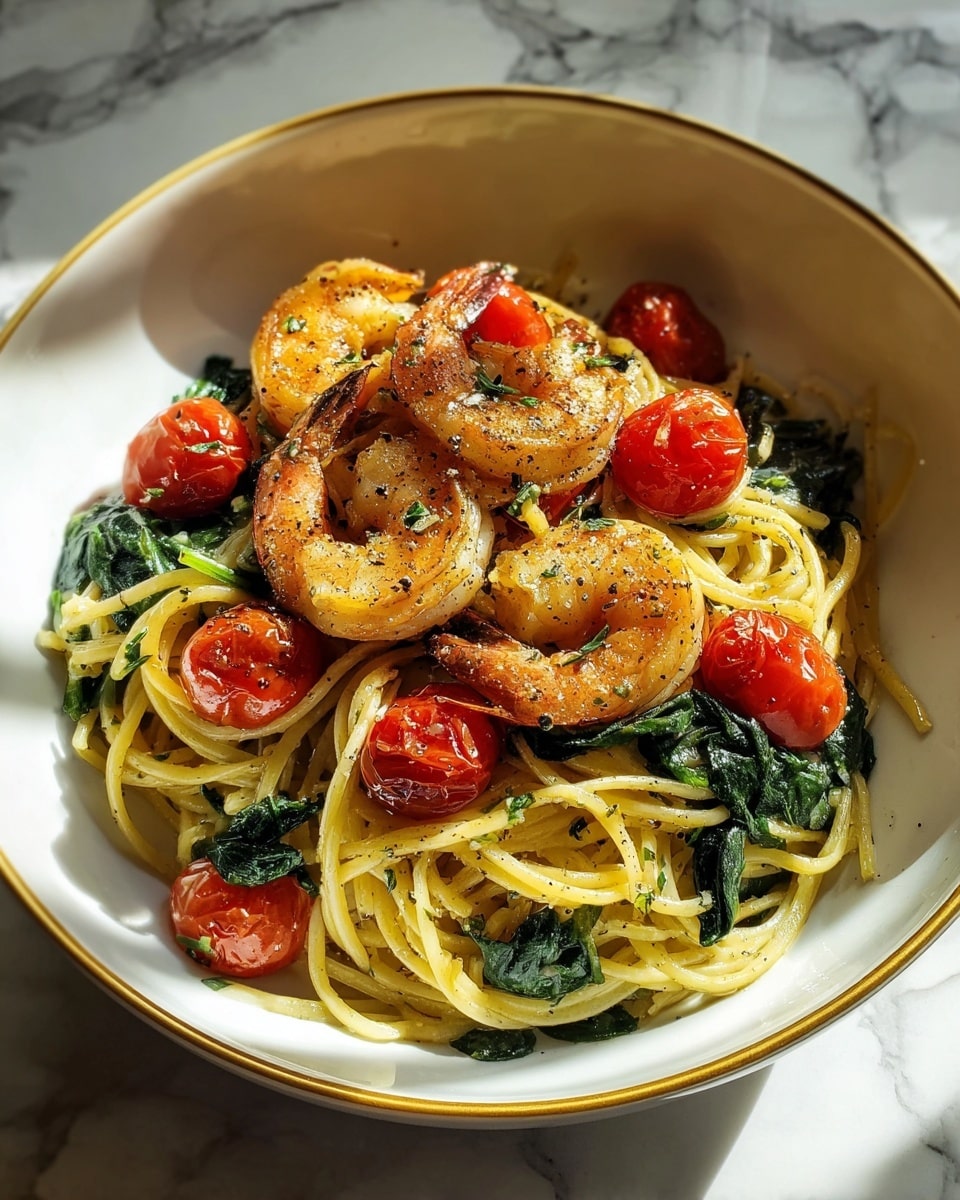 A white bowl filled with spaghetti noodles at the bottom, topped with cooked shrimp that have a light golden color and slight charring. Bright red cherry tomatoes are scattered throughout, some whole and some slightly softened. Dark green spinach leaves are mixed in evenly with the pasta and other ingredients, adding a fresh look. The dish has a light sprinkle of black pepper and herbs on top. The bowl sits on a white marbled surface. Photo taken with an iphone --ar 4:5 --v 7