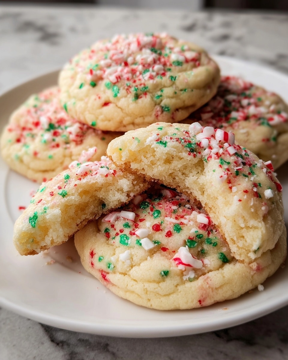 A white plate holds five soft, thick cookies with a light golden color. Each cookie is topped with a mix of crushed red, green, and white peppermint candy pieces that add texture and color, sprinkled evenly on the surface. The cookies look fluffy with a slightly cracked top, showing a soft inside, especially the front cookie, which is broken in half revealing a moist, tender interior. The plate sits on a white marbled surface, making the colors and textures of the cookies stand out clearly. photo taken with an iphone --ar 4:5 --v 7