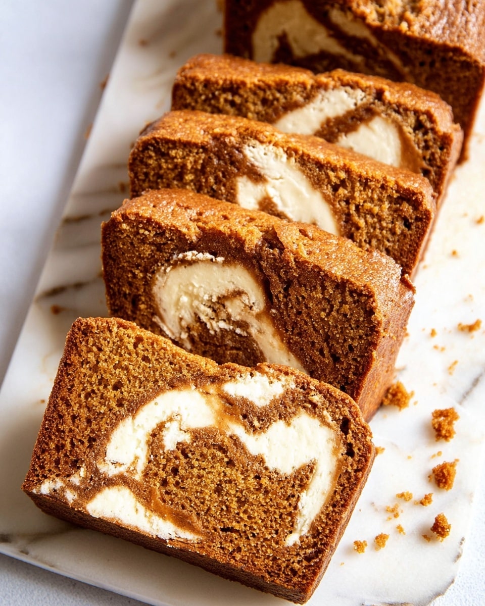 The image shows five slices of brown cake with a creamy white and light brown swirl filling running through the middle layer of each slice, highlighting a soft and moist texture. The cake layers have a slightly crumbly surface with a rich golden-brown crust on top and bottom. The slices are arranged in a slightly overlapping row on a white marbled surface, with a few small crumbs scattered around. In the background, there is a larger piece of the same cake, uncut. The photo taken with an iphone --ar 4:5 --v 7