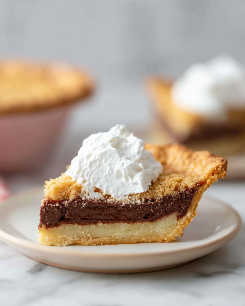 The image shows a close-up of a single slice of pie on a white plate, resting on a white marbled surface. The pie slice has three visible layers: a thick, light golden crust at the bottom with a smooth texture; a dark, rich chocolate-like layer in the middle; and a crumbly, golden brown top layer. A dollop of fluffy white whipped cream sits on top of the pie slice, slightly off-center. The background is softly blurred, hinting at another similar slice on a plate behind it. Photo taken with an iphone --ar 4:5 --v 7
