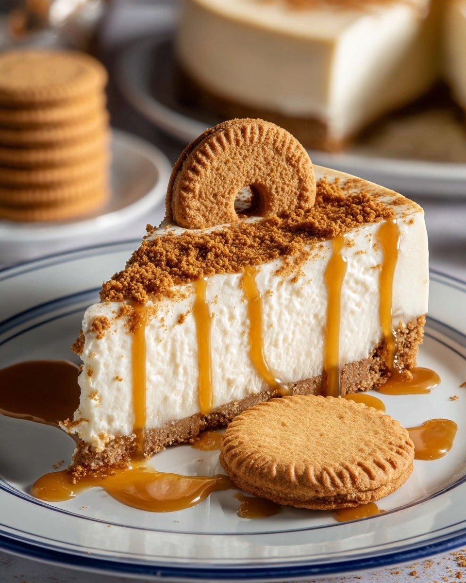 A slice of creamy white cheesecake with a thick bottom crust of light brown crumb, topped with a thinner layer of crumb around the edge. The top and sides of the cheesecake are lightly dusted with brown powder. Golden caramel sauce is drizzled in lines over the slice and pools on the bottom of the white plate with a blue rim. Beside the slice, there is a round golden-brown cookie with a hole in the center, resting on the plate. The background has a blurred view of more cheesecake and stacked cookies on a white marbled surface. Photo taken with an iphone --ar 4:5 --v 7