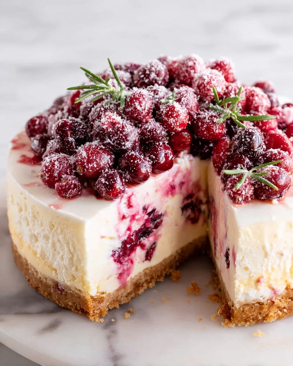 A cheesecake with three clear layers sits on a white marbled surface; the base layer is a golden brown crumbly crust, above it is a thick creamy filling swirled with bright red cranberries and soft pink berry sauce, topped with a smooth, thick white cream layer. On top of the cream is a generous pile of whole cranberries dusted with white sugar crystals, garnished with small green sprigs for contrast. The cheesecake has a slice removed, showing the creamy and textured inside clearly. Photo taken with an iphone --ar 4:5 --v 7