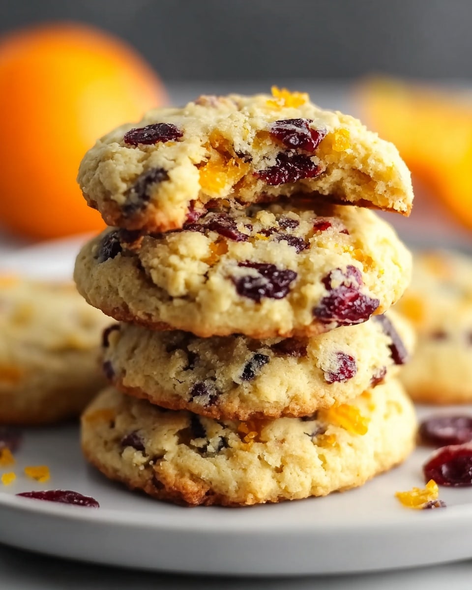 A stack of four soft cookies rests on a white plate, set on a white marbled surface, with the top cookie showing a bite taken out of its edge, revealing a slightly chewy inside; the cookies are golden-brown with visible dark red dried cranberries and small pieces of bright orange citrus peel embedded throughout, giving a mixed texture of crumbly dough and fruit bits; the background is softly blurred with hints of oranges adding warm tones. photo taken with an iphone --ar 4:5 --v 7
