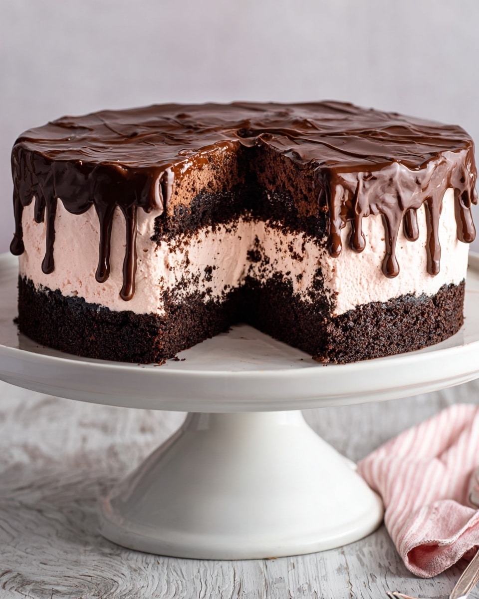 The cake is placed on a white cake stand with a simple design. It has three layers: the bottom layer is dark chocolate cake, the middle layer is a light brown creamy filling with small bits of chocolate cake inside, and the top layer is a thicker dark chocolate cake with a rough, cracked surface. Dark chocolate sauce drips down the sides over the light brown filling, creating a shiny texture against the matte cake. The background is a white marbled texture, and the cake stand is centered in the image. Photo taken with an iphone --ar 4:5 --v 7