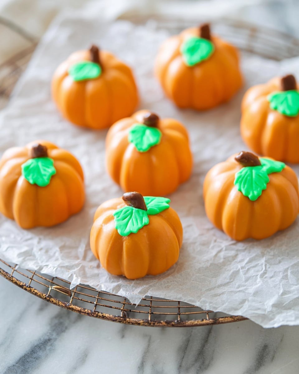 The image shows six small pumpkin-shaped treats arranged on white parchment paper over a round wire cooling rack. Each treat has one thick, shiny orange layer with soft ridges to mimic a pumpkin's shape. On top of each pumpkin is a small brown pretzel piece acting as the pumpkin stem, accompanied by a smooth, bright green icing leaf beside the stem. The paper and rack sit on a white marbled surface. The lighting is soft and natural, highlighting the texture and vibrant colors of the pumpkins. photo taken with an iphone --ar 4:5 --v 7