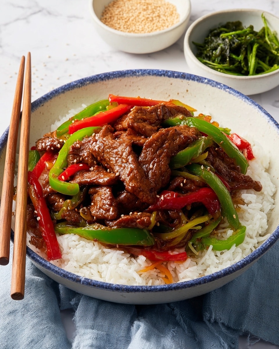 A white bowl filled with a layer of white rice at the bottom, topped with stir-fried beef slices mixed with red and green bell pepper strips. The beef has a rich brown color with a slightly glossy texture, and the peppers are bright and fresh-looking. A pair of blue and yellow patterned chopsticks rests on the edge of the bowl, with a woman's hand holding one chopstick. The bowl is placed on a white marbled surface, with a small green garnish bowl nearby. Photo taken with an iphone --ar 4:5 --v 7