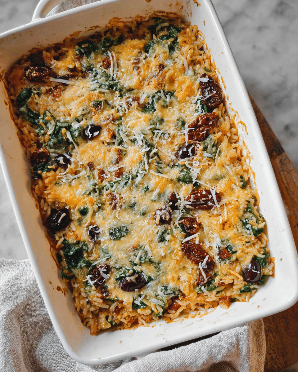 A white rectangular baking dish filled with a baked rice dish layered with cooked rice mixed with spinach, dark purple olives, and sun-dried tomatoes. The top layer is covered evenly with melted golden cheese sprinkled with grated cheese. The dish shows some crispy, browned cheese spots. The baking dish sits on a white marbled surface with a light gray cloth partially covering the lower right corner. Photo taken with an iphone --ar 4:5 --v 7