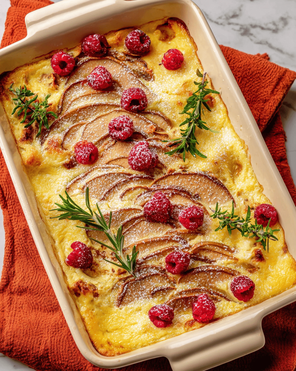 A rectangular white ceramic dish filled with a golden-yellow baked custard layer topped with browned slices of baked apples arranged in neat rows across the center. Small red raspberries are scattered evenly on top, adding bright pops of color. Sprigs of fresh green rosemary are placed between the apple slices and raspberries, giving a fresh look. The surface is dusted lightly with powdered sugar for a touch of white contrast. The dish sits on an orange cloth on a white marbled surface. Photo taken with an iphone --ar 4:5 --v 7