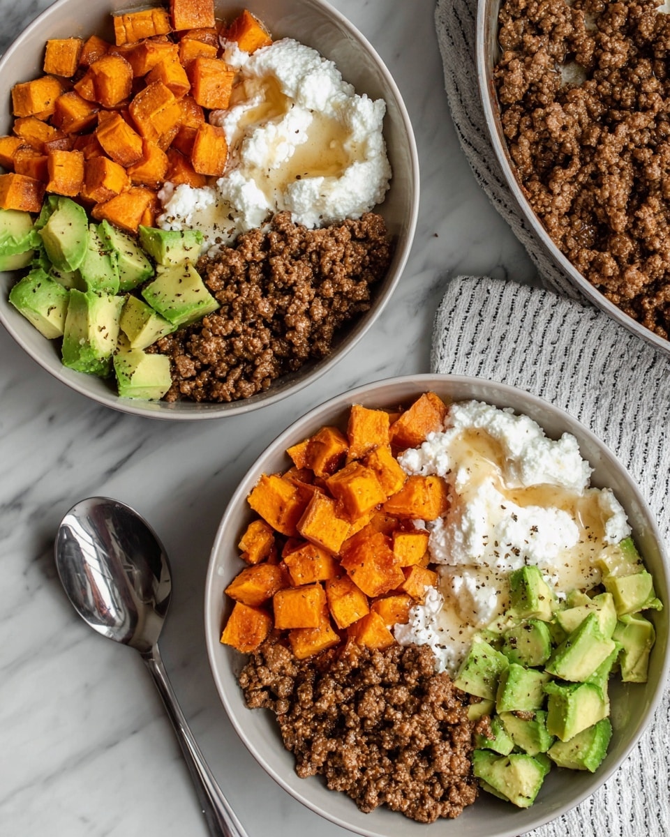 Two bowls with three main layers are shown on a white marbled surface. Each bowl has a large portion of cooked brown ground meat on one side, bright orange roasted sweet potato cubes on another side, and fresh green chopped avocado pieces next to creamy white cottage cheese drizzled with a light honey-colored syrup. The bowls are arranged closely with a shiny metal spoon nearby and part of a cooking pan filled with cooked meat visible in the top right corner. Photo taken with an iphone --ar 4:5 --v 7