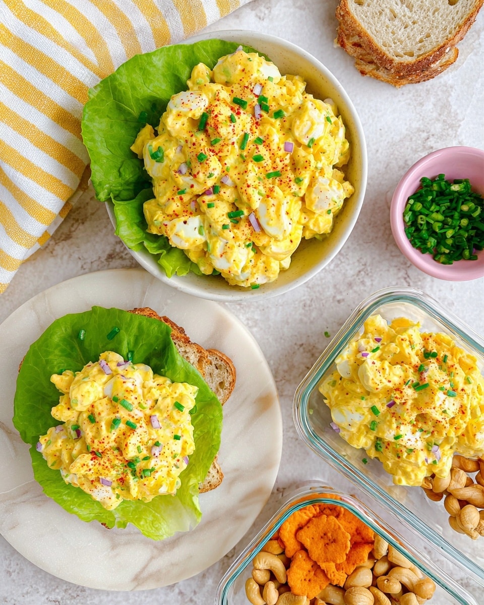 The image shows a creamy egg salad with small, soft chunks of hard-boiled egg mixed with mayonnaise and finely chopped green chives, red onions, and a sprinkle of red paprika on top. The egg salad is presented in three ways: in a round white bowl filled to the top with the bright yellow salad and green chive bits; on a single green lettuce leaf neatly placed on a slice of white bread on a white round wooden board; and inside a glass container divided into two sections—one side holds the egg salad on a green lettuce leaf, and the other holds a mix of small orange crackers and whole cashew nuts. There is a small pink bowl of extra chopped chives near the board, all set on a white marbled texture surface along with a white and yellow striped cloth. photo taken with an iphone --ar 4:5 --v 7