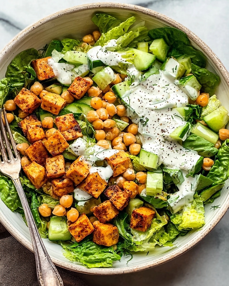 A white bowl filled with a fresh, colorful salad sitting on a white marbled surface. The bottom layer is green leafy lettuce, which creates a base full of texture and color. On top of the lettuce, there are chunks of light green cucumber pieces with a crisp texture, scattered evenly. Over the cucumber are small, round, light brown chickpeas spread across the salad. The golden brown cubes of grilled tofu are placed generously on top, adding a slightly crispy texture and warm color contrast. The whole salad is drizzled with a creamy white dressing that is lightly sprinkled with black pepper, adding a soft, smooth layer on top. A silver fork rests inside the bowl on the left side. photo taken with an iphone --ar 4:5 --v 7