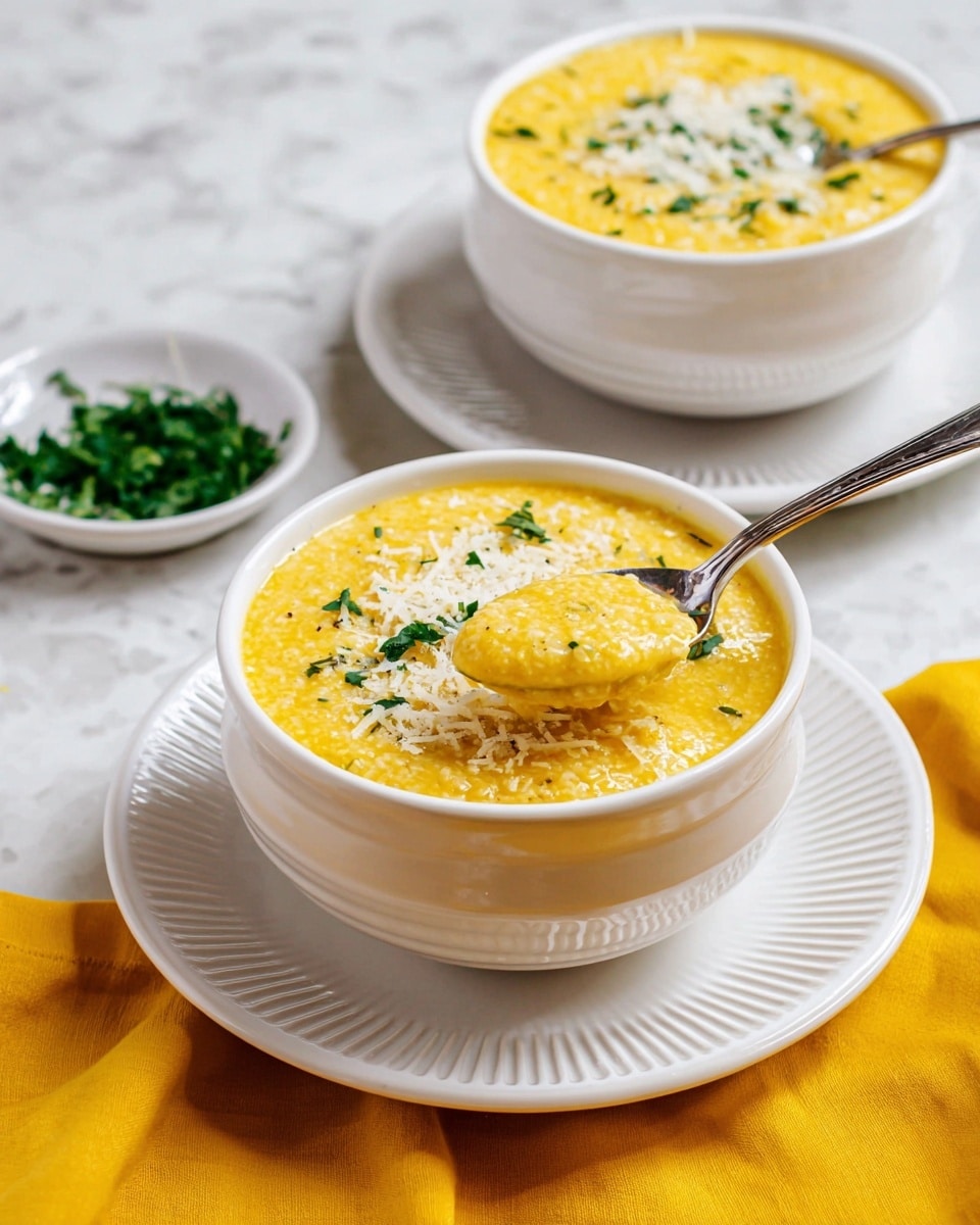 The image shows two white bowls filled with thick, yellow soup placed on matching white plates with small ridges. Each bowl has a creamy, smooth texture with visible small grains or bits in the soup. The soup is topped with a sprinkle of grated white cheese and finely chopped green herbs. One spoon lifts some soup from the closer bowl, revealing the creamy yellow texture mixed with cheese and herbs. In the background, a small white plate holds more chopped green herbs. The bowls and plate rest on a surface with a white marbled texture, and a bright yellow cloth is partially visible at the corner. photo taken with an iphone --ar 4:5 --v 7