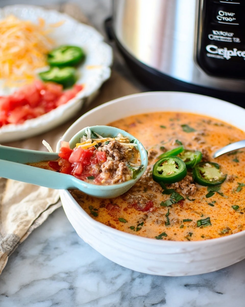 The image shows a white bowl filled with a creamy, orange-colored soup topped with sliced green jalapeños and bits of ground meat and vegetables floating on top. A silver spoon rests inside the bowl while a light blue ladle holds a portion of the soup closer to the camera, revealing layers of diced red tomatoes, ground meat, and green herbs. In the background, a white plate holds shredded cheese and more jalapeño slices, all set on a white marbled surface with a stainless steel Crock-Pot slow cooker partially visible. photo taken with an iphone --ar 4:5 --v 7